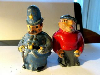 Antique Cop Robber Policeman Bandit Criminal Cast Iron Salt Pepper Shakers