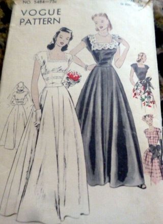 Lovely Vtg 1940s Evening Dress Vogue Sewing Pattern 20/38