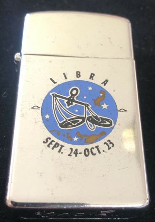Vintage 1970 Zippo Slim Lighters Libra Zodiac Sign