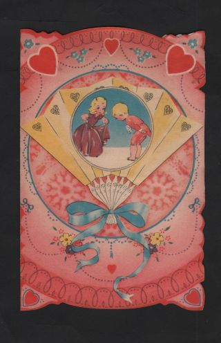 Vintage 1910s 20s Valentine Card Girl Talk Boy In Fan Ribbon The Time Has Come