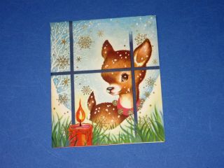 Vtg Mid Century Christmas Card Deer Looking In Window W Candle Gold Snowflakes