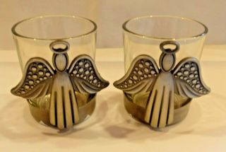 2 Metal Glass Angel Votive Candle Holder,  Silver Tone,  Table Top Decor Christmas