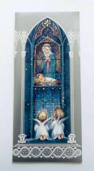 Vintage Christmas Card Rust Craft Angel Baby Jesus Mary Church Stain Glass Mcm