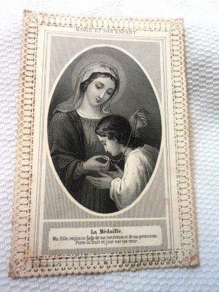 Marie Et Son Enfant,  La Medaille French Holy Card W/lace C.  1900