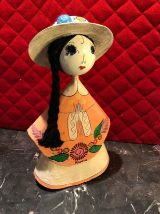 Vintage Paper Mache Folk Art Mexico Lady Doll Hand Painted Peach Flower Dress