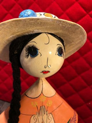 Vintage Paper Mache Folk Art Mexico Lady Doll Hand Painted Peach Flower Dress 2