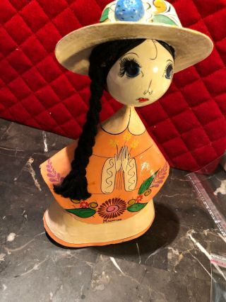 Vintage Paper Mache Folk Art Mexico Lady Doll Hand Painted Peach Flower Dress 4