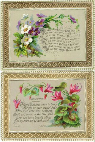 2 X Victorian Christmas Cards Flowers Verses By Feeh & Gmt 1 X Religious