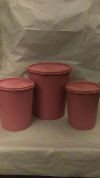 Vintage Tupperware Servalier Set Of 3 Pink Nesting Canisters,  2 Scoops