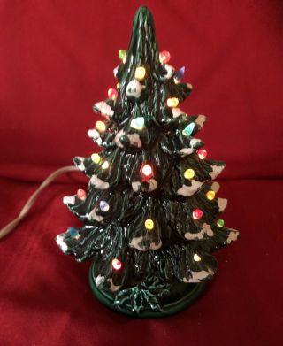 Vintage Mini 7” Green Ceramic Lighted Christmas Tree With Base