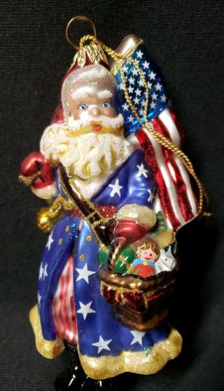 Patriotic Santa Holding American Flag Christmas Ornament Vintage Glass Figural