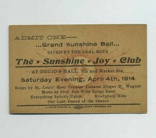 1914 Advertising Card St Louis Mo Missouri Druid Hall Sunshine Joy Club Bv2062