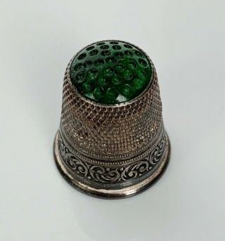 Vintage Sterling Silver Green Glass Top Sewing Craft Thimble