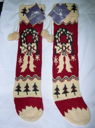 2 Green Cream Burgundy Red Wreath Soft Knit Christmas Stockings Nwt