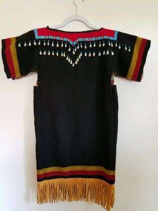Pow Wow Gown Native American Handmade Shells Beads Leather Black Red Yel Youth