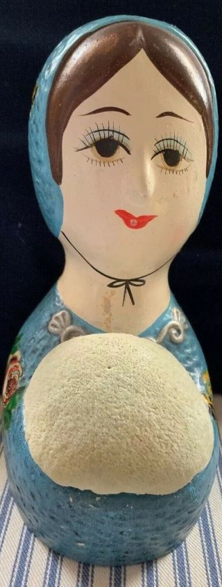 7.  5 " Paper Mache Pin Cushion Bank Head Lady Vintage Gemma Taccogna Style Sewing