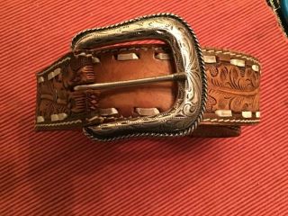 Classic Tony Lama Vintage Oak Leaf Tooled Leather Belt With Buckle - Size 38.