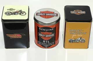 3 Harley Davidson Motor Cycles Collectible Metal Storage Tins
