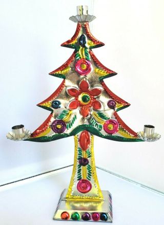Larger Mexican Folk Art Hand Made/painted Tin Christmas Tree W Candle Holder