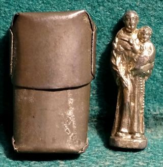 Old Metal Pocket Shrine W/ Statue St Joseph W/ Child Jesus & Lilies