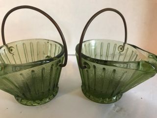 2 Vintage Green Glass Coal Bucket Ashtrays
