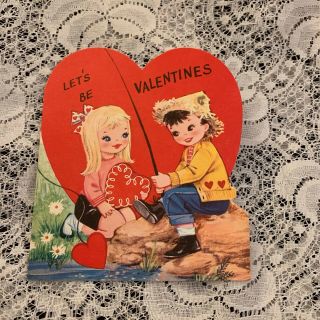 Vintage Greeting Card Valentine Boy Girl Fishing Cute Heart