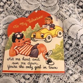 Vintage Greeting Card Valentine Boy Girl Driving Yellow Car