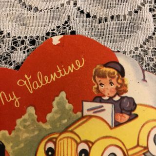 Vintage Greeting Card Valentine Boy Girl Driving Yellow Car 2