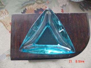 Vintage Mid Century Aqua Blue Triangle Heavy Glass Collectible Ashtray