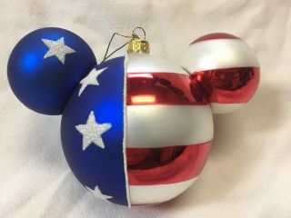 Mickey Mouse Disney Blown Glass Red White Blue Flag Patriotic Christmas Ornament