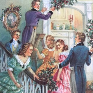 Vintage Early Mid Century Christmas Greeting Card Victorian Couples Decorating