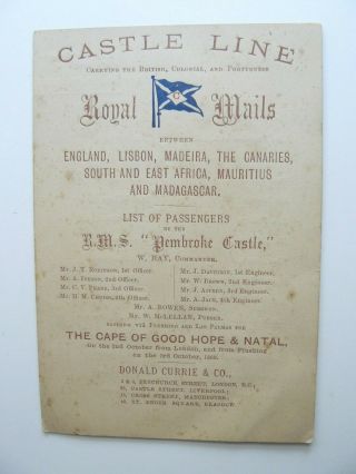1889 Castle Line Rms Pembroke Castle List Of Passengers London To South Africa