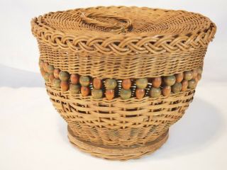 Vintage Wicker Sewing Basket With Lid Decorated Colored Wooden Beads Red Green