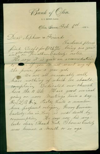 1885 Olin,  Iowa - Bank Of Olin E.  E.  Snyder,  Cashier Letter