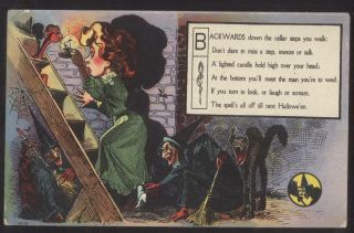 Postcard Halloween Witches & Black Cat In Cellar W/poem 1907
