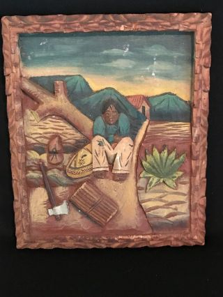 Wood Carved Picture Man Mexican Indian Hand Carved