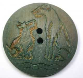 Bb Vintage Wood Button Carved 2 Dog Scottie & Schnauzer Design Unusual 1 & 3/8 "