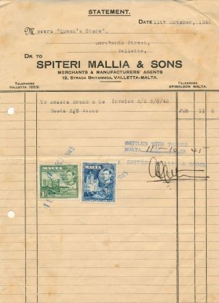 Malta 1945,  Postage Stamps As Revenues On Invoice.  A936