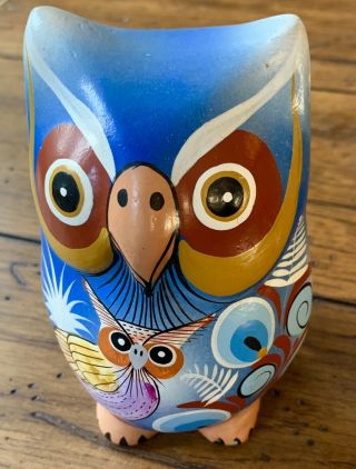 Vintage Owl Mexican Pottery Folk Art Hand Painted Ceramic Bird Signed