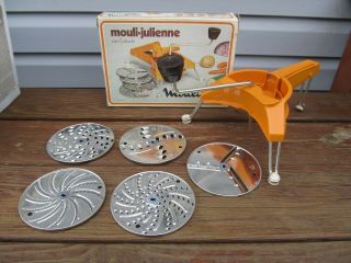 Vintage Mouli Julienne 445 Rotary Shredder Grater Slicer Orange 5 Discs