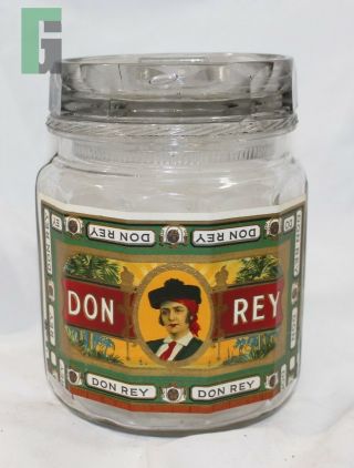 Vintage Clear Glass Cigar Tobacco Jar Glass Lid Don Rey Cigar Label