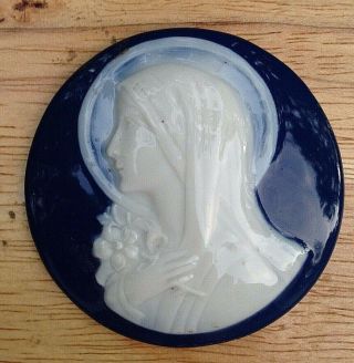 Vintage Virgin Mary Limoges Plaque Disk Round Cameo Fine Porcelain Blue White