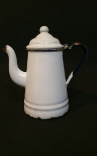 Vintage Enameled Coffee Pot - White & Black - Tea - Enamelware Kettle.