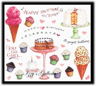 Susan Branch Vintage Retired Happy Birthday Treats Cake Ice Heart Cream Stickers