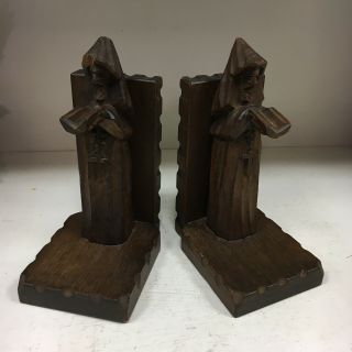 Vintage Hand Carved Wooden Priest/monk Bookends Cross Reading Christian