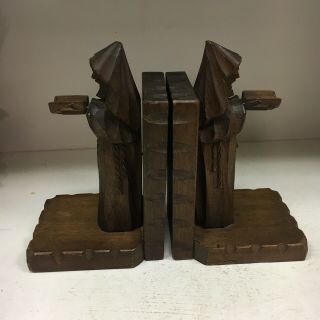 Vintage Hand Carved Wooden Priest/Monk Bookends Cross Reading Christian 2