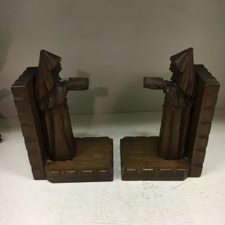 Vintage Hand Carved Wooden Priest/Monk Bookends Cross Reading Christian 4