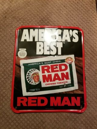 Red Man Chewing Tobacco Tin Sign - Vintage 60 - 70’s Tobacco Advertisement,