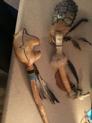 Native American Ceremonial Rattles Turtle And Bear Shaped Rawhide
