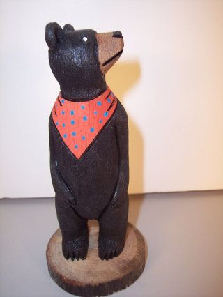 Navajo Carved Wood Folk Art Bear W/ Red Spotted Kerchief By Ray Lansing,
